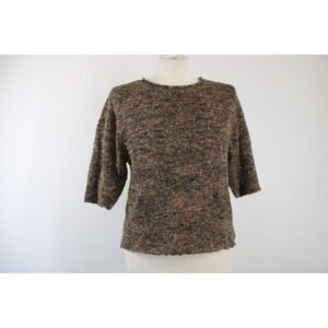Vtg Susans S Green Multi 3/4 Sleeve Knit Sweater Top Marled Viscose Cotton Blend